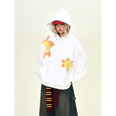 怕麻烦白色花卉连帽卫衣女2025秋季新款宽松bf美式街头慵懒风上衣