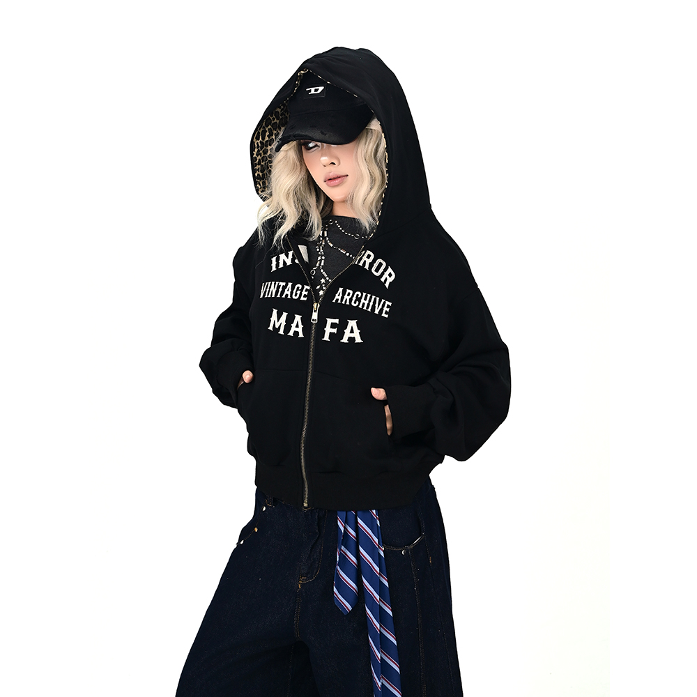 怕麻烦黑色豹纹连帽卫衣开衫女2025秋季新款宽松bf美式学院风外套