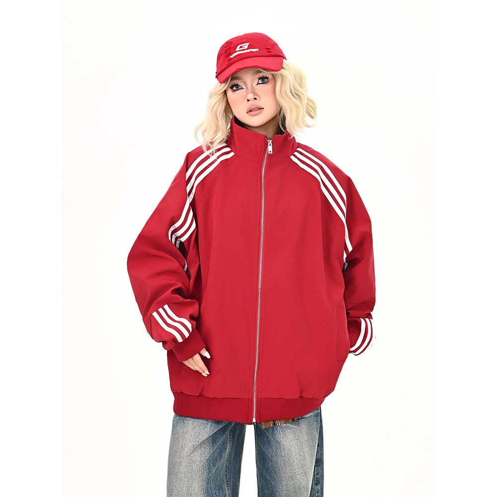怕麻烦红色运动风夹克女2025秋季新款宽松bf美式潮牌痞帅情侣外套