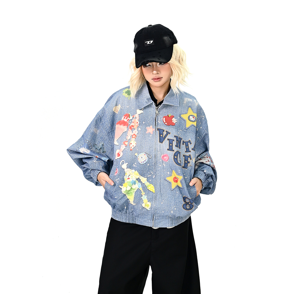 怕麻烦趣味印花牛仔夹克女2025秋冬新款宽松bf美式复古情侣外套潮