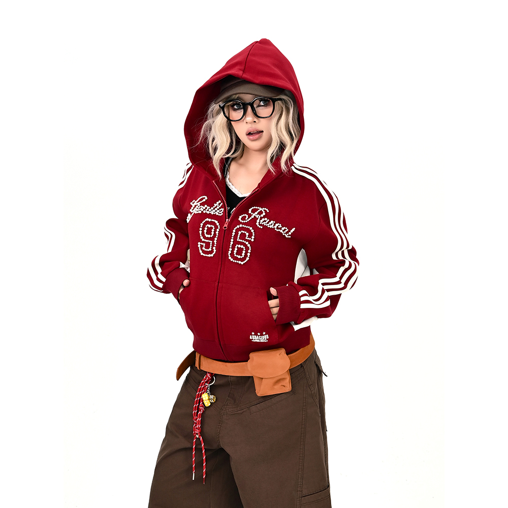 怕麻烦柳钉条纹连帽卫衣开衫