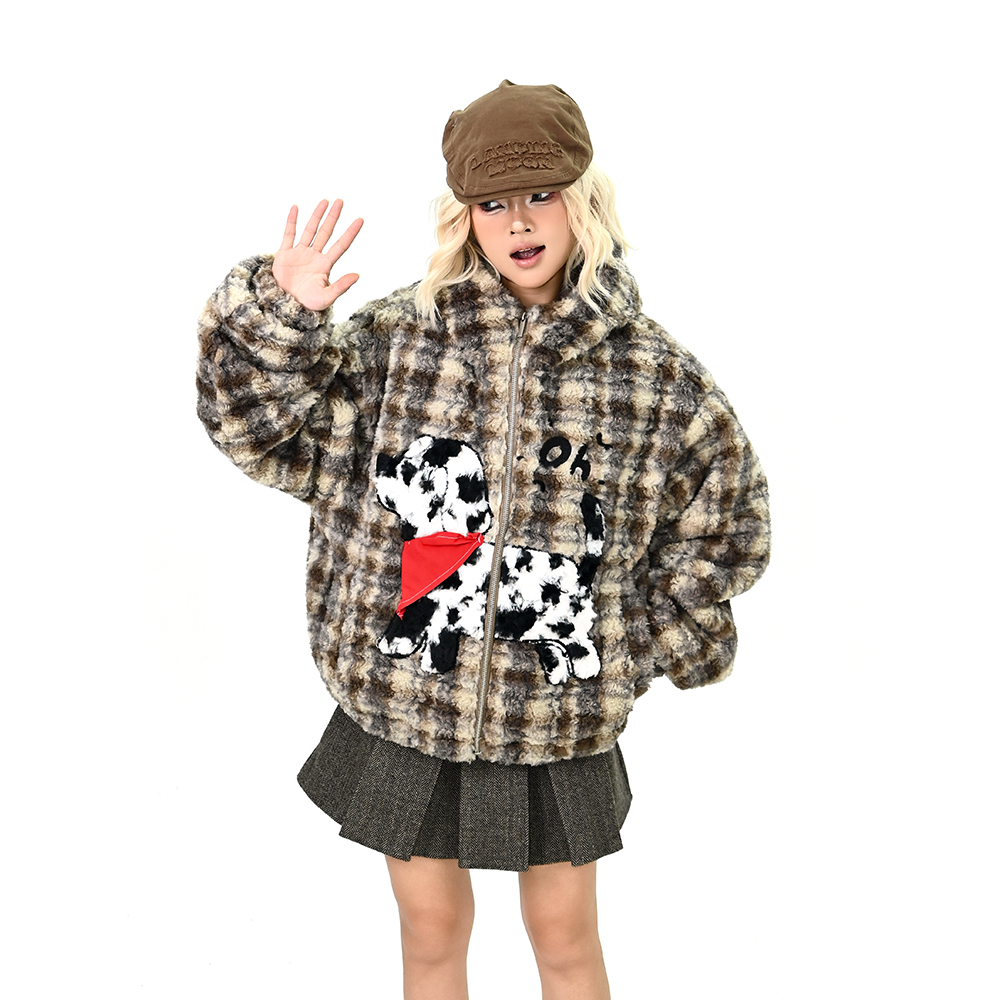 怕麻烦美拉德毛茸茸小狗立领棉衣女2025冬季新款宽松bf加厚外套潮