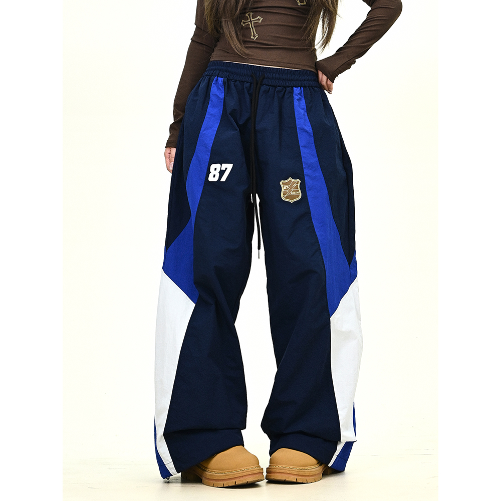 怕麻烦蓝色拼接数字休闲裤女2025夏新款宽松bf美式潮牌阔腿束脚裤