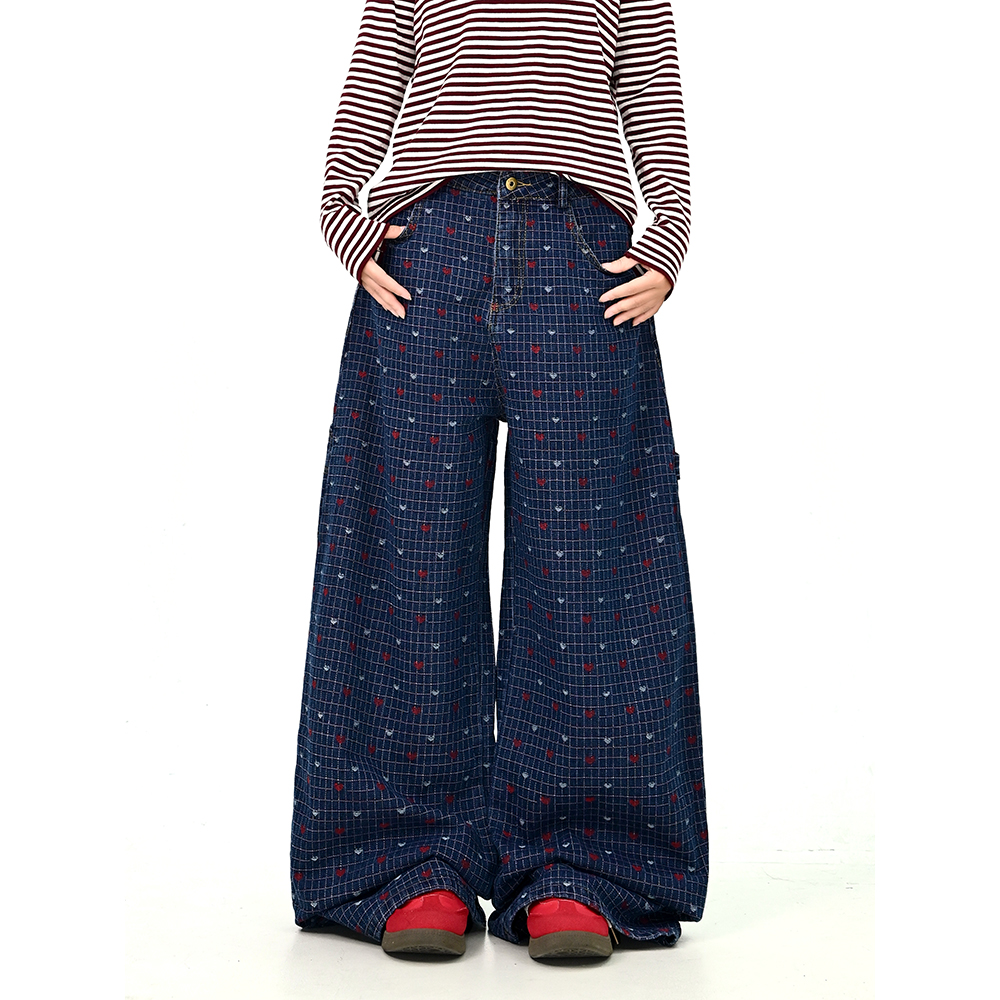 怕麻烦爱心格子牛仔裤女2025秋冬新款宽松bf美式复古拖地阔腿裤潮
