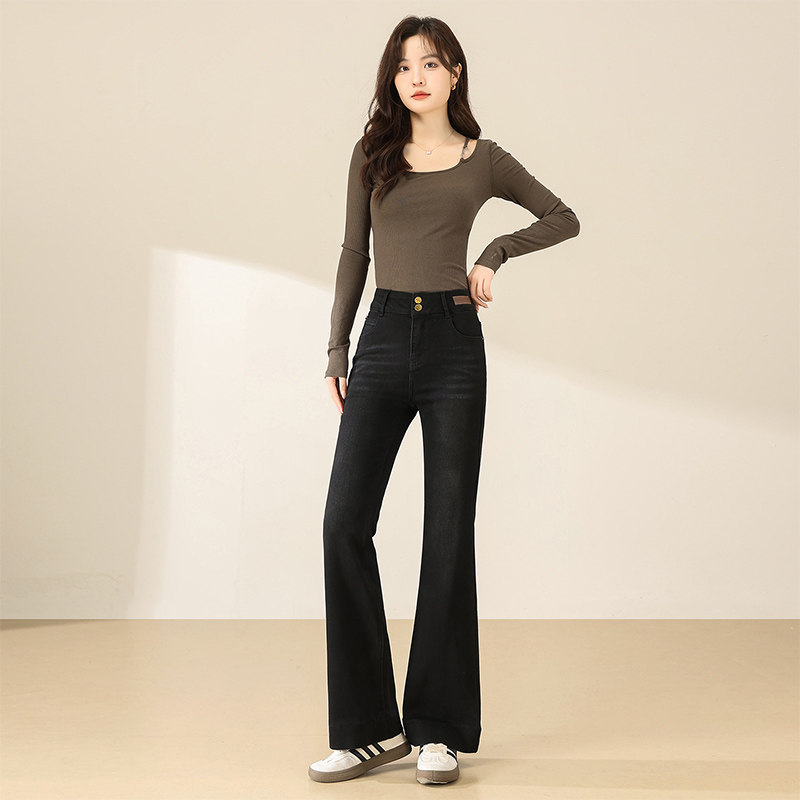 黑色修身牛仔喇叭裤女2025年秋季新款时尚复古弹力微喇裤子潮