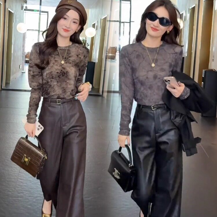 时尚休闲长袖衫皮裤套装女2025秋