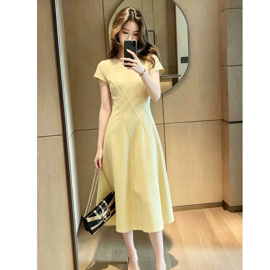 夏法式显瘦收腰短袖A字连衣裙女