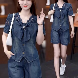 薄款牛仔套装女夏季新款洋气显瘦缕空刺绣短袖短裤休闲时尚两件套