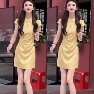 洋气显瘦收腰中长款 新中式 新款 夏季 提花连衣裙 国风改良旗袍年轻款