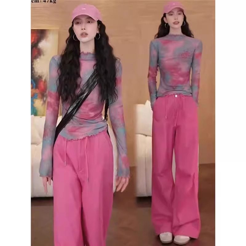 时尚休闲套装女2025春夏新款洋气显瘦网纱印花T恤阔腿裤两件套潮