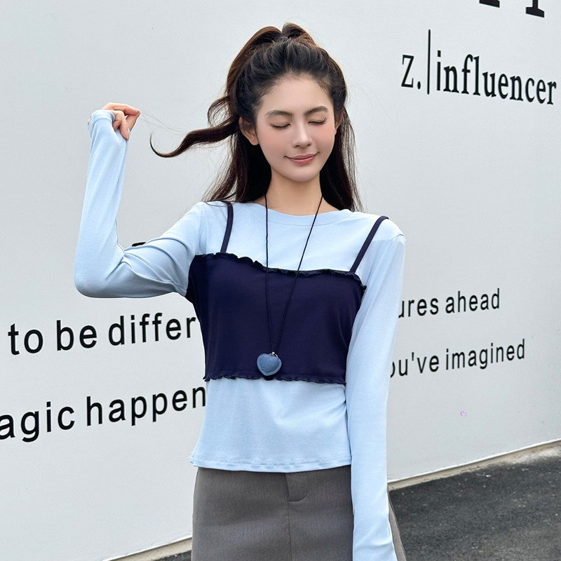 法式假两件长袖T恤女2026春季新款设计感拼接修身显瘦小个子上衣