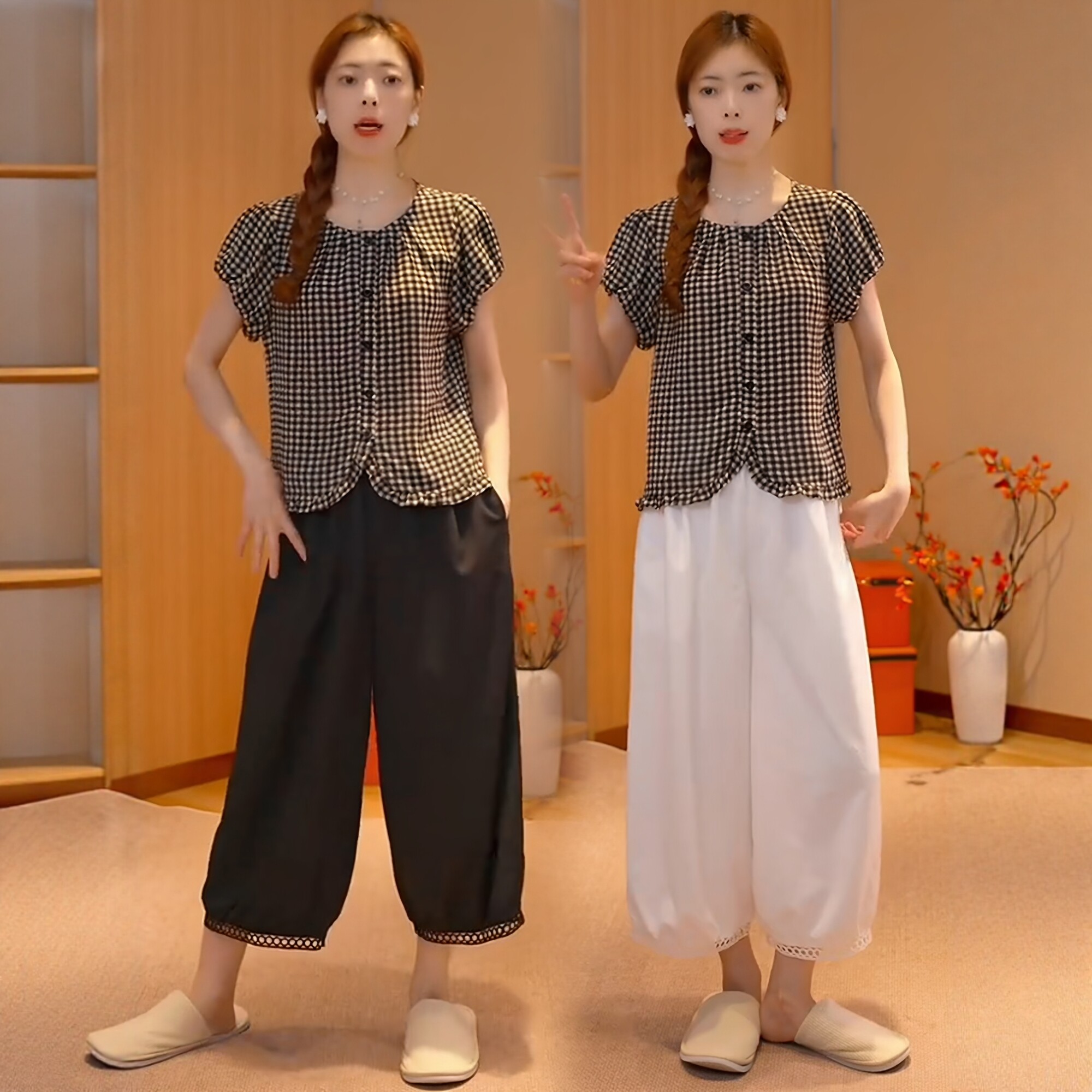 夏季洋气格子衬衫阔腿裤套装女
