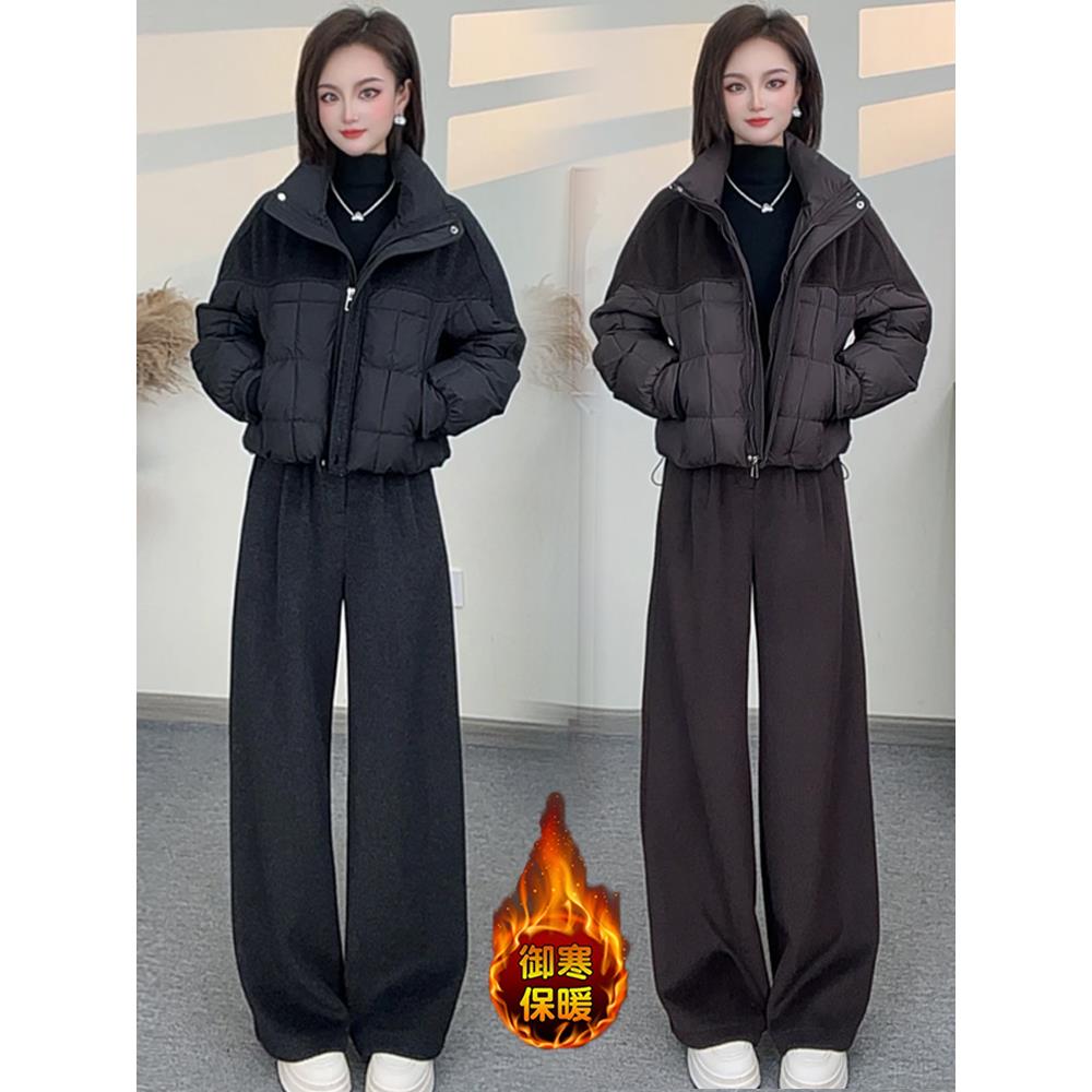 时尚短款毛呢拼接羽绒棉衣冬新款