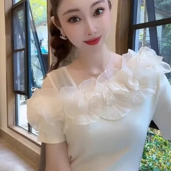 夏季新款欧货重工立体花朵短袖