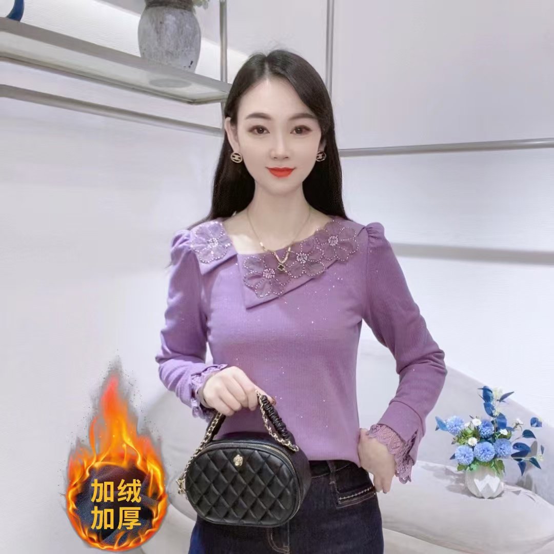 加绒加厚蕾丝花朵显瘦打底T恤