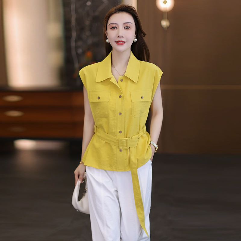 时尚通勤职场棉麻套装女2025年夏系带衬衫上衣+显瘦阔腿裤两件套