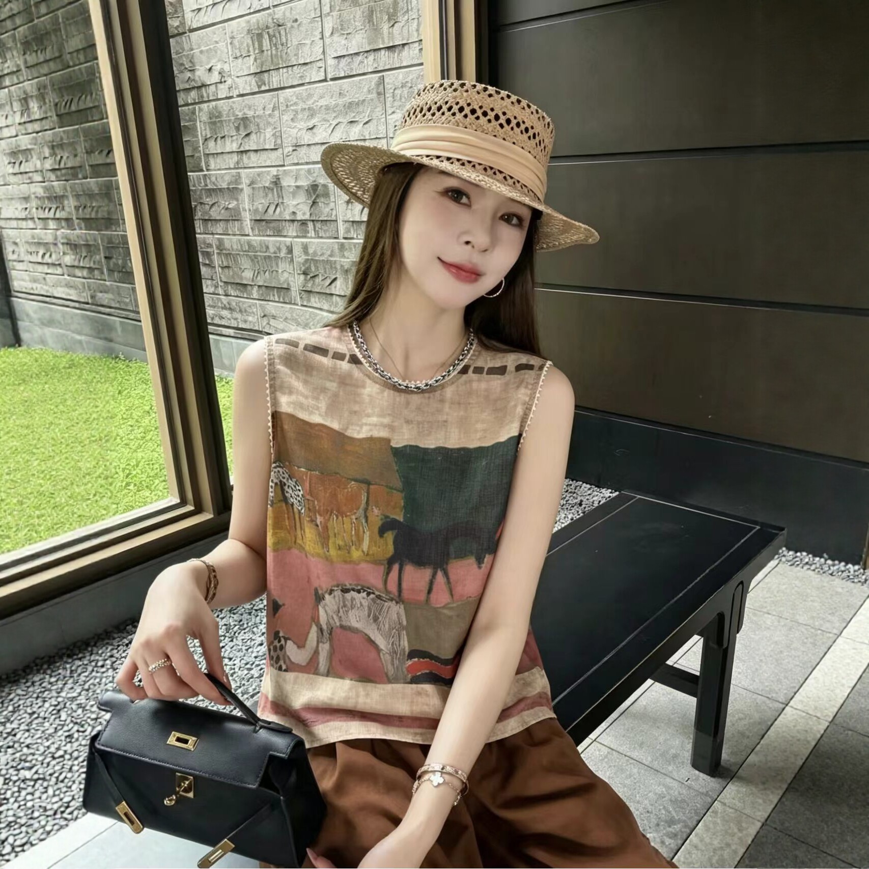 夏季韩版复古印花无袖上衣女
