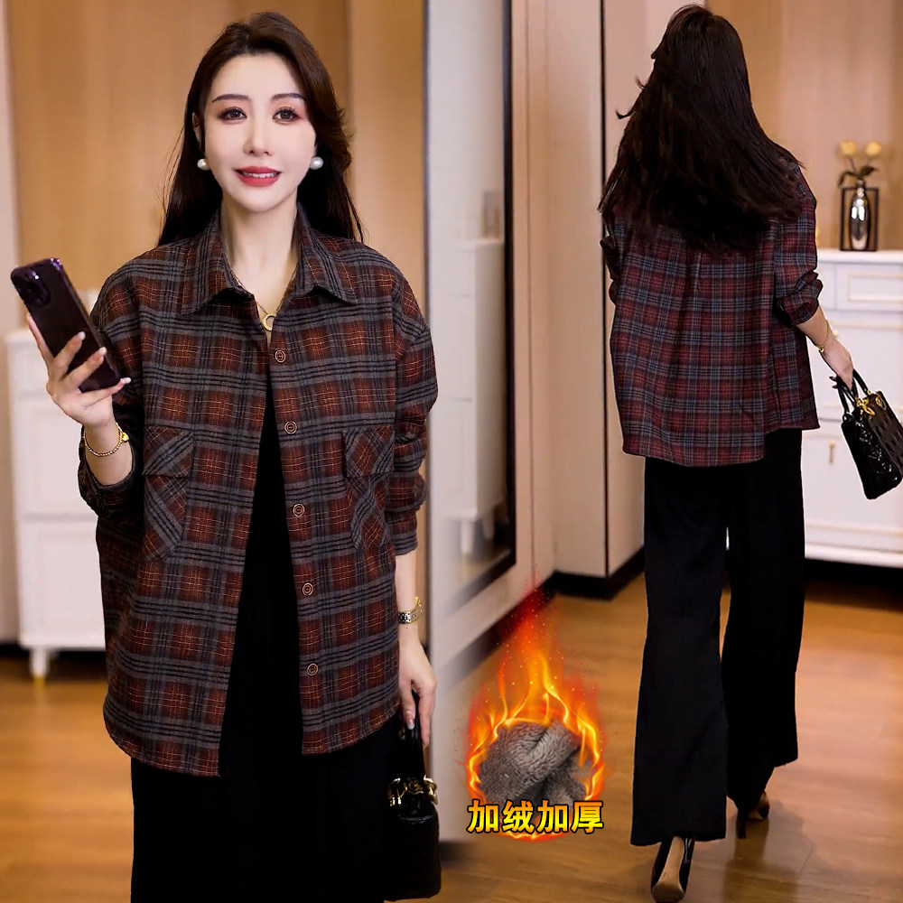 秋冬加绒加厚大码格子短外套女