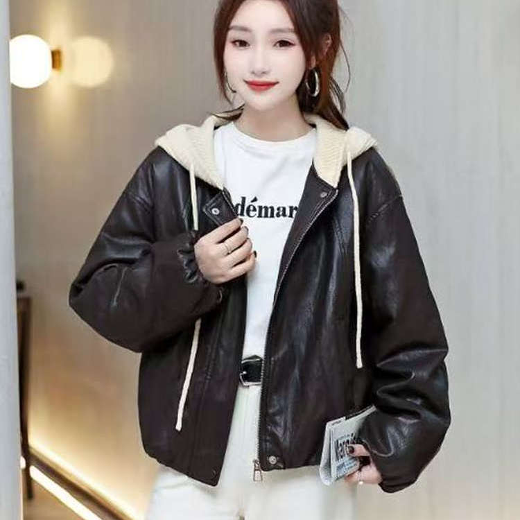 韩式复古中性风针织连帽皮衣冬款