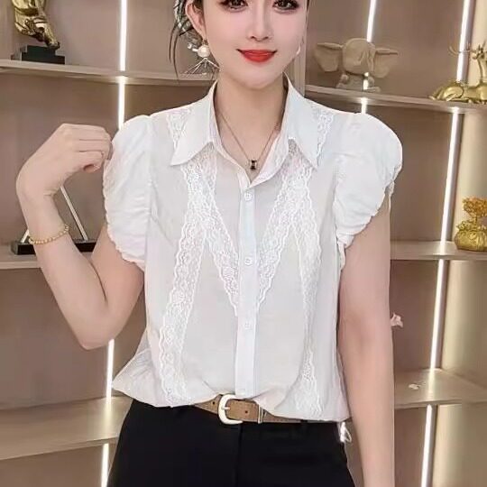 蕾丝拼接短袖衬衫女夏季
