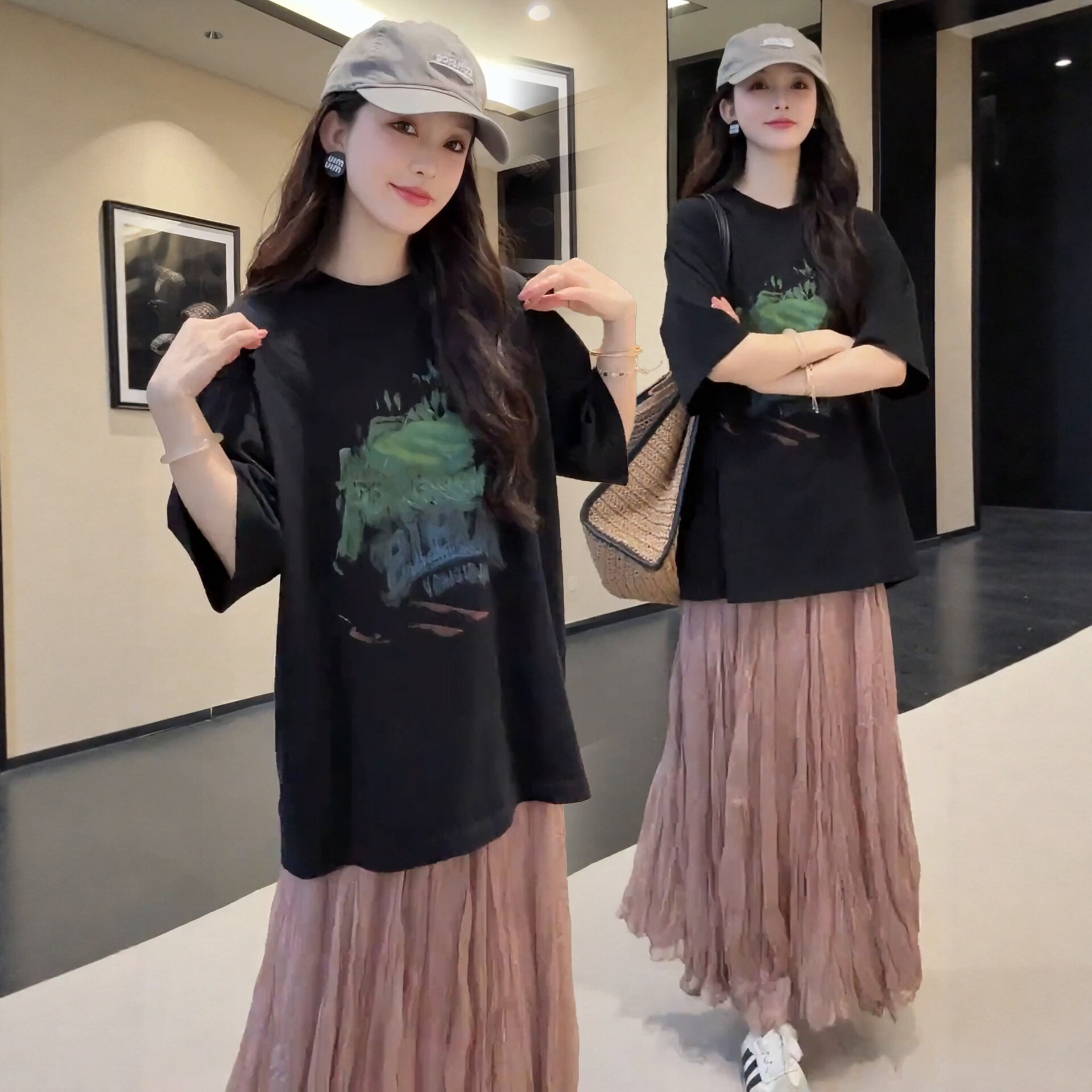 2026春夏韩系宽松印花T恤半裙套
