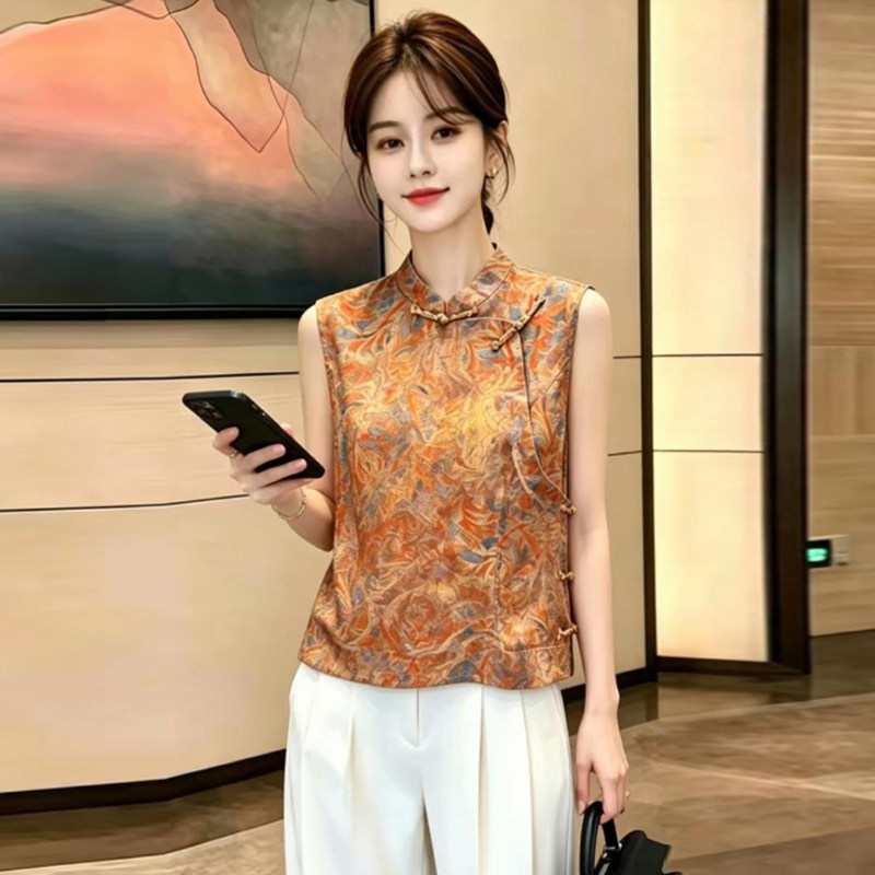新中式碎花无袖立领衬衫女夏季