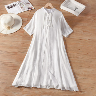 可扎染中国风复古式盘扣纯白连衣裙女五分袖气质棉绸中式长裙