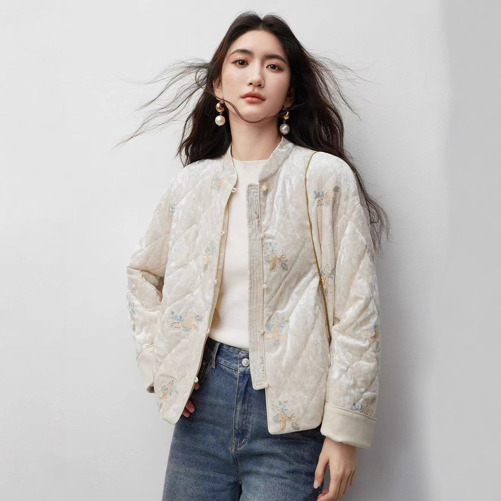 2025新款新中式国风夹棉外套女冬季撞色唐装棉服加厚短款棉衣