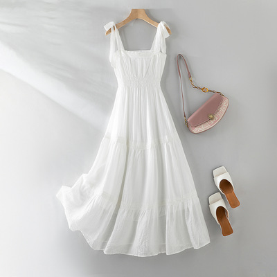 法式绑带连衣裙2025新款夏季女装海边甜美度假风蕾丝拼接白色裙子