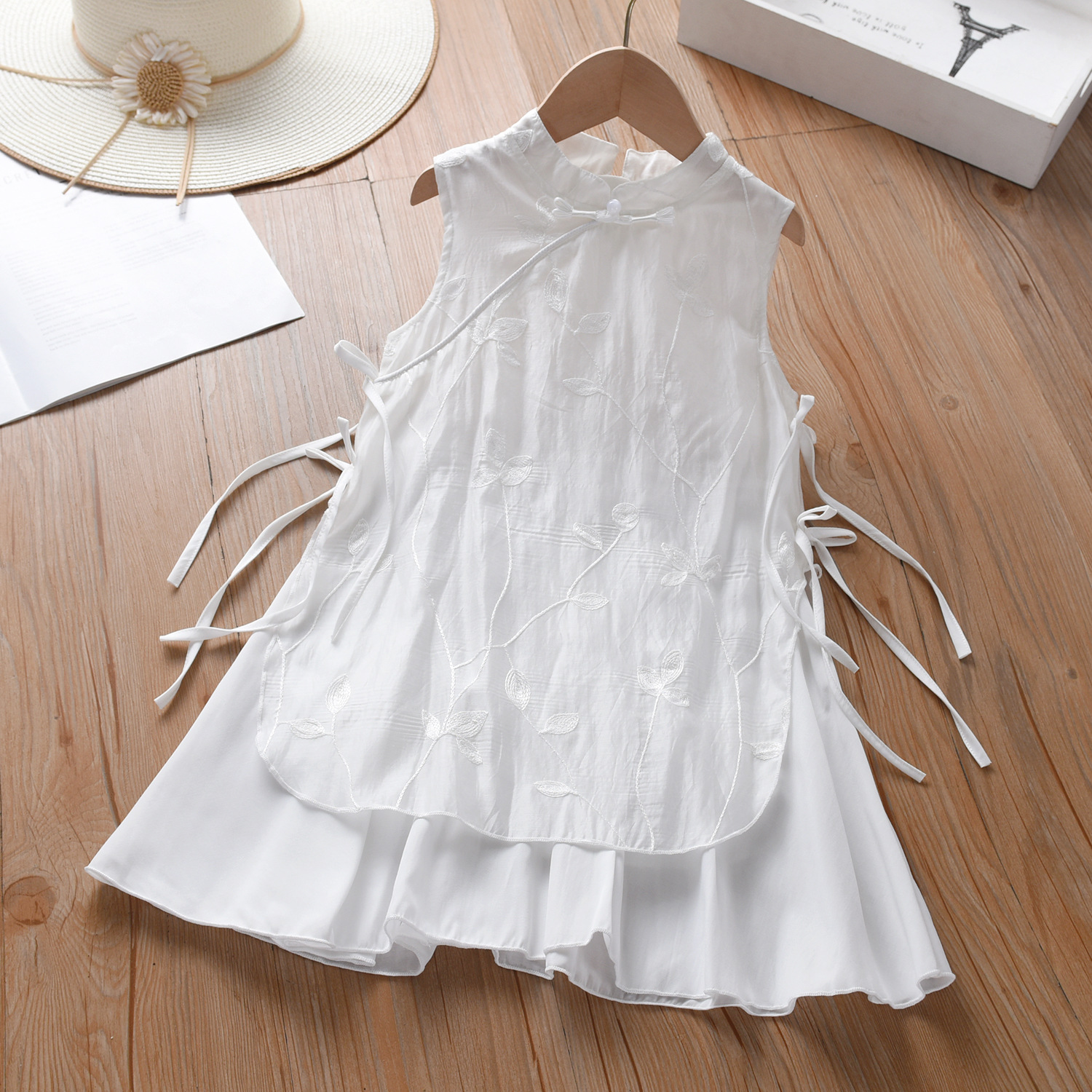 (外层可上色)女童新中式连衣裙中国风假两件侧边系绳刺绣旗袍裙