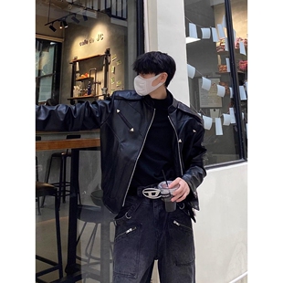 街头复古黑色短款 PU皮外套男女春秋高级感宽松机车立领皮衣夹克潮