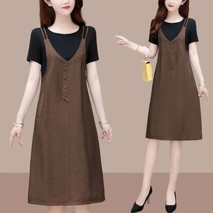 时尚 假两件背带短袖 新款 连衣裙女2024夏季 休闲遮肚妈妈裙子 大码