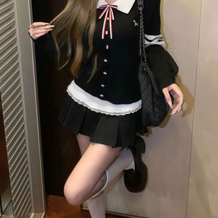 设计感辣妹时尚 针织拼接高腰显瘦蕾丝边半身裙百褶裙防走光短裙女