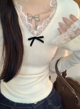 5269满天星已出货德绒法式小香风花边v领秋冬纯欲风显瘦修身