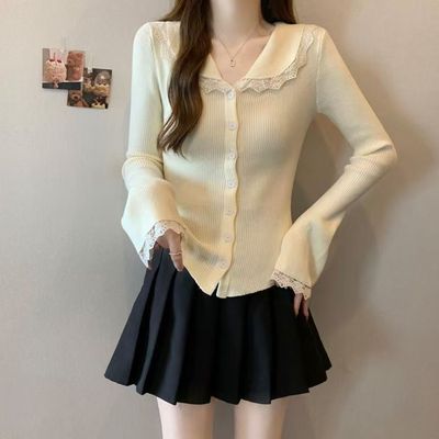 法式蕾丝娃娃领黑色开衫女秋季新款辣妹喇叭袖内搭打底衫上衣