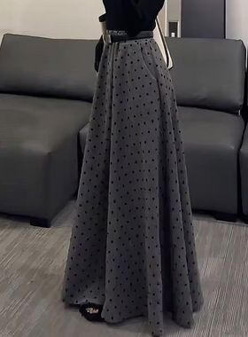 胖mm韩系小众波点设计半身裙女秋季新款灰色复古气质大摆半身长裙