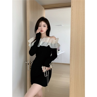 纯欲网纱拼接一字肩连衣裙女秋高级感生日小礼裙气质收腰包臀裙子