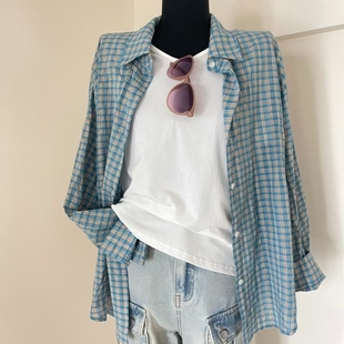 防晒开衫 外套女初秋宽松百搭薄款 上衣 衬衫 韩系蓝色格纹polo领长袖