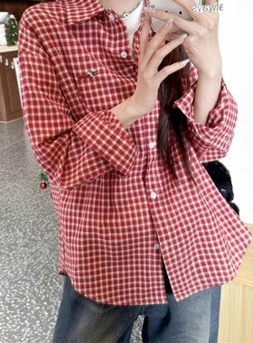刺绣红色格子衬衫2025春季新款复古港风衬衣chic外套女宽松