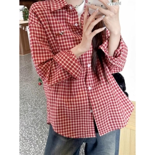 复古港风衬衣chic外套女宽松 新款 刺绣红色格子衬衫 2025春季