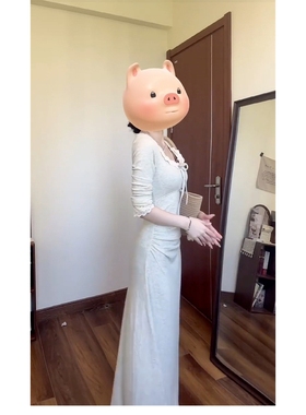 时尚纯欲风灰色花边领拼接长款连衣裙早秋季新款高腰显瘦初恋裙子