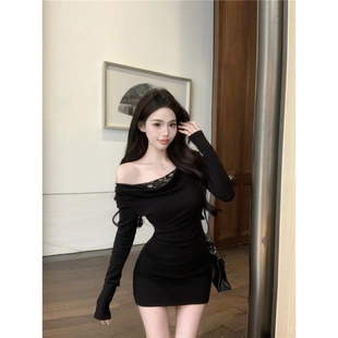 蕾丝拼接露肩长袖 纯欲包臀短裙紫色收腰紧身裙子 连衣裙女秋冬修身