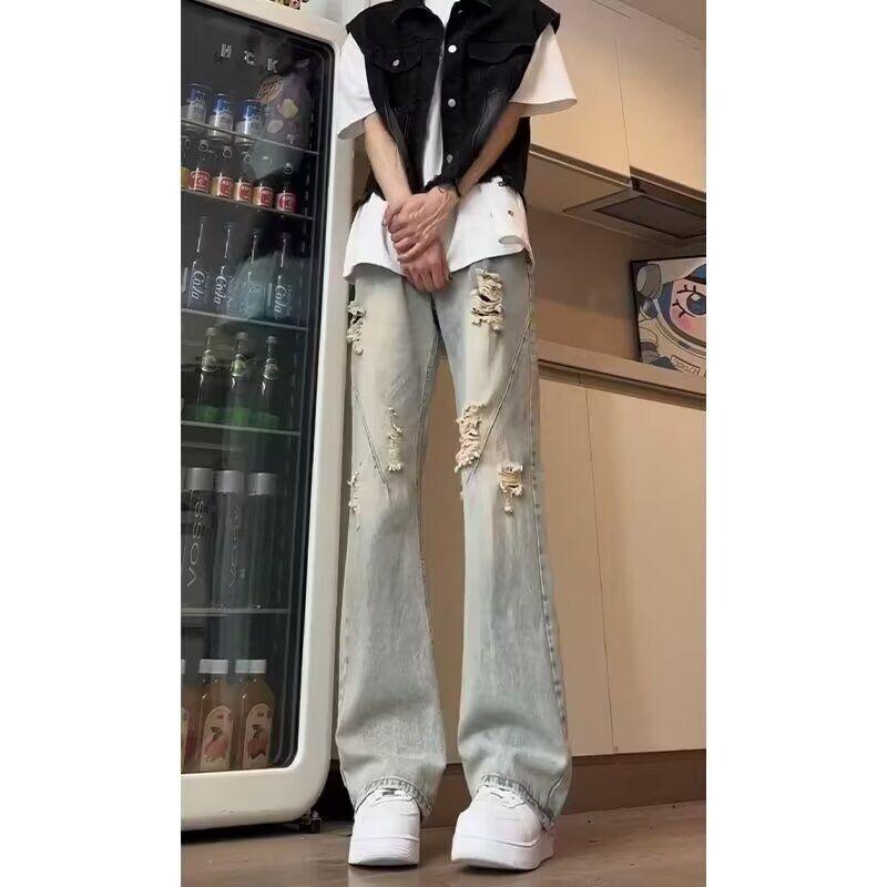 美式复古水洗破洞牛仔裤男款炸街痞帅vibe裤子潮牌宽松直筒微喇裤