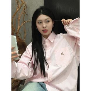 衬衣 春夏宽松气质高级感长袖 设计感刺绣粉色条纹衬衫 女新款