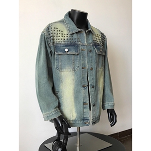 秋冬美式 复古牛仔外套男女宽松百搭重工铆钉做旧慵懒休闲夹克潮流