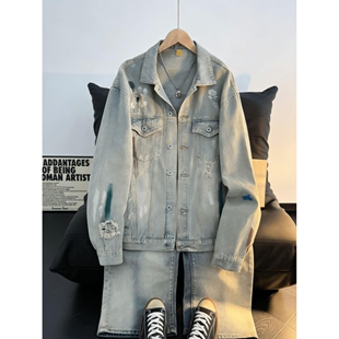 美式 夹克 复古水洗高街牛仔外套男女设计感cleanfit破洞潮流牛仔衫