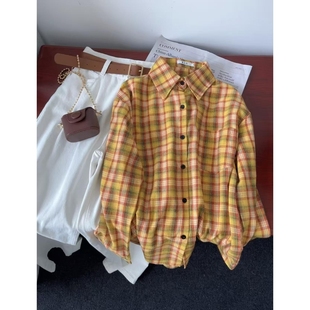 上衣 防晒外套早秋薄款 复古黄红格纹衬衫 女宽松慵懒风翻领长袖