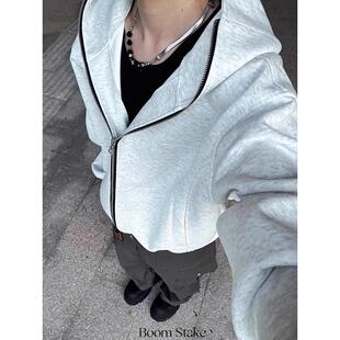 白灰色美式重磅连帽卫衣开衫男女春秋潮牌高级感短款宽松情侣外套