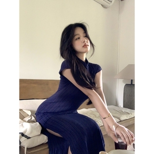 改良旗袍长裙赫本风气质别致国风藏蓝色连衣裙子女夏季 新中式 女装