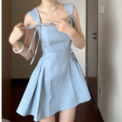 纯欲风蓝色吊带连衣裙女夏季小个子辣妹a字裙收腰短裙